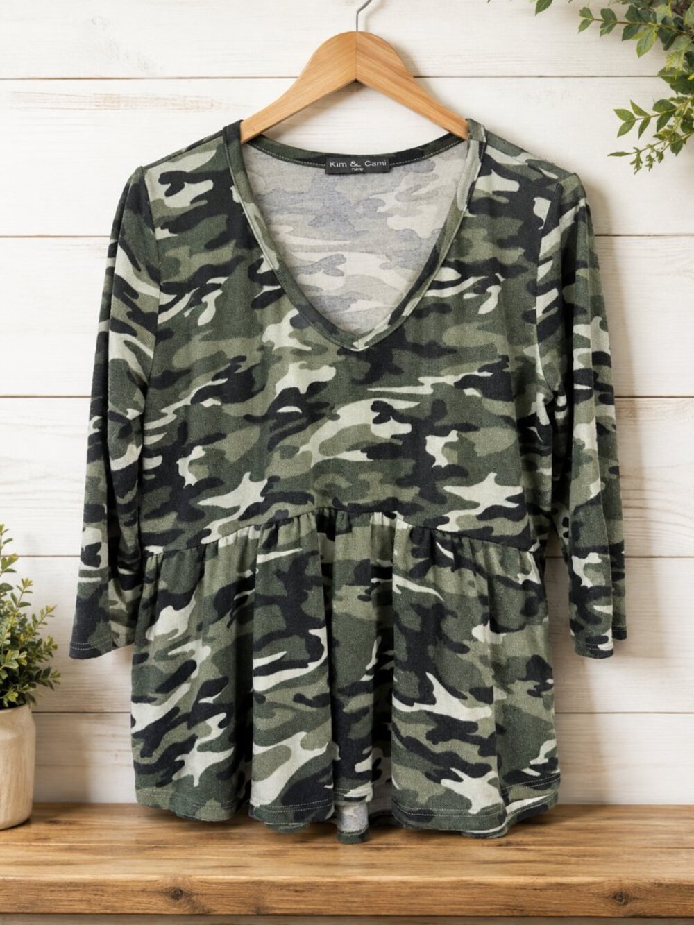 Kim & Cami Camo Babydoll Peplum Top V Neck Long Sleeve